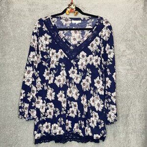 August Mist 1X Top Shirt Blue Pink Floral Long Sleeve V Neck Stretch Lace Trim